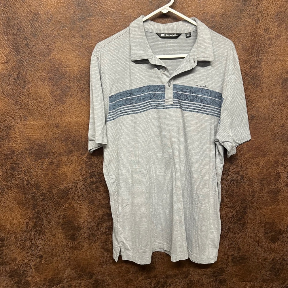 Travis Mathew XL Mens Golf Work Polo Shirt White Stripe Blue Palm Leaf Pattern